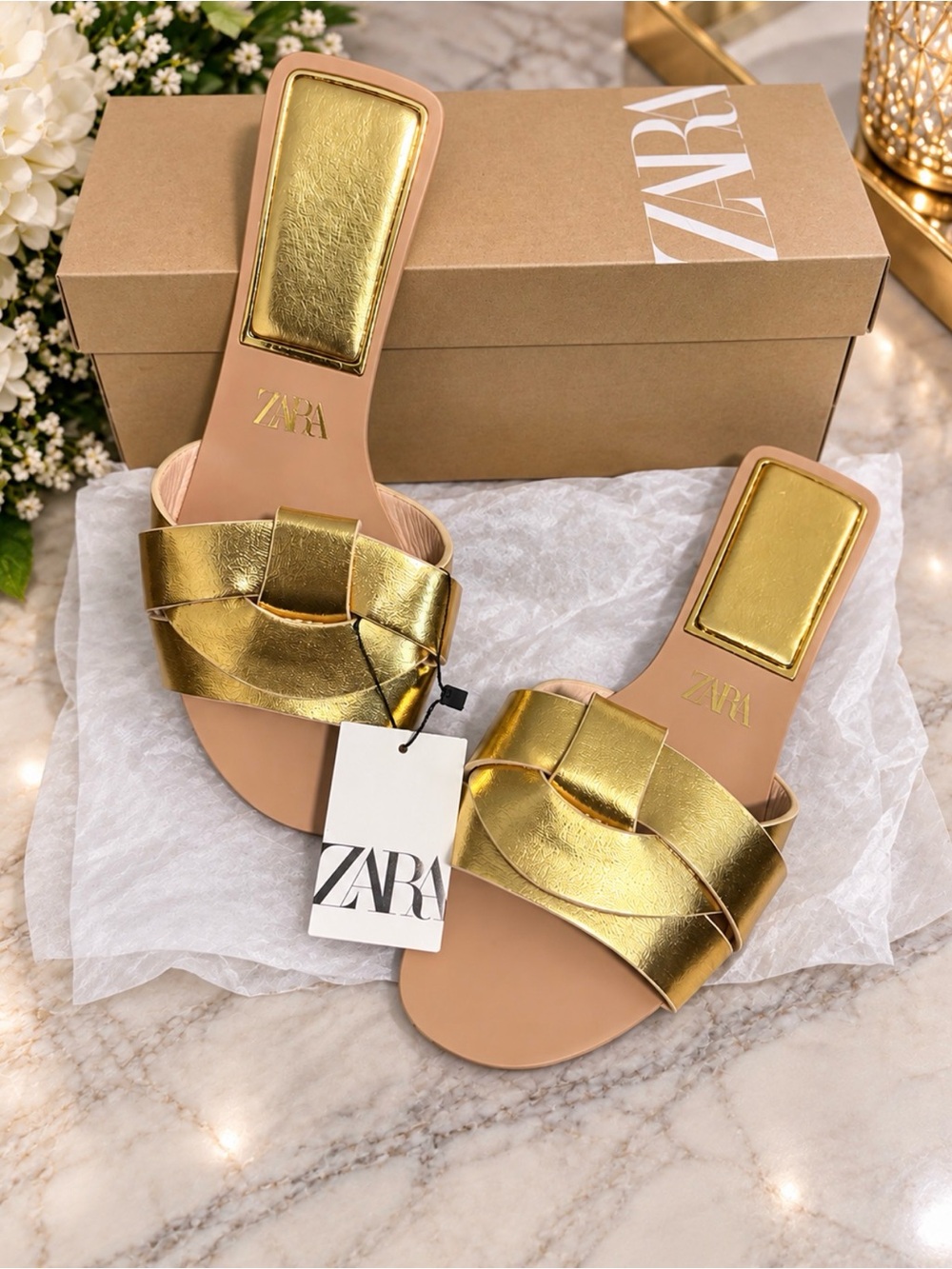 Zara Metallic Gold Leather Braided Slide Sandals